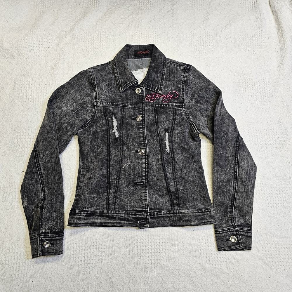 Ed Hardy Womens Small Denim Jacket With Back Cutout Embroidered Details Black